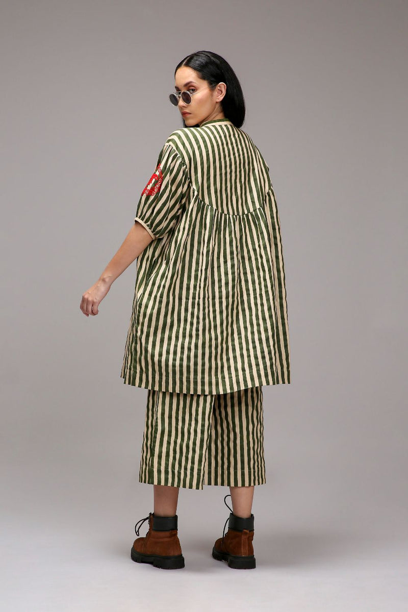 Egg-Shell Green Striped Capre Pants cotton by Mati in white color for women in Singapore