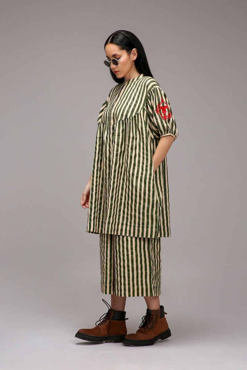 Egg-Shell Green Striped Capre Pants cotton by Mati in white color for women in Singapore