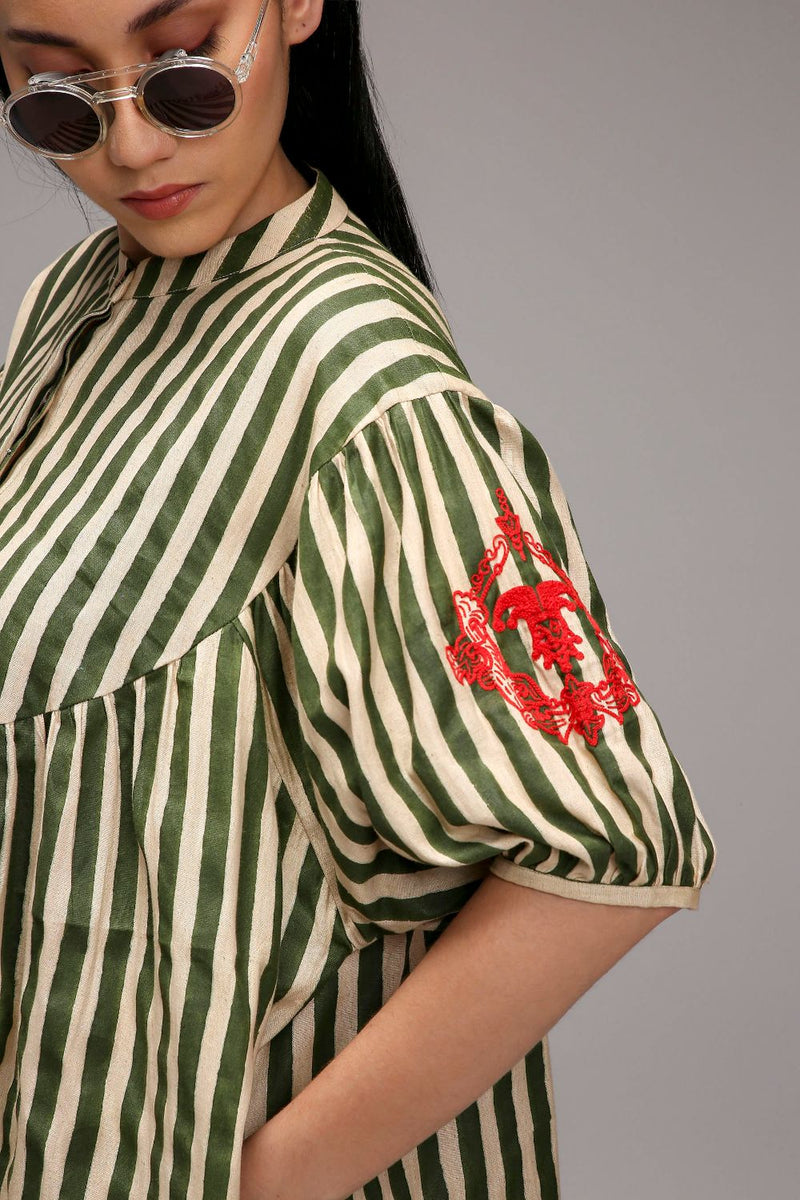 Egg-Shell Green Striped Short Acra Tunic Set (2 PCS) cotton by Mati in white color for women in Singapore