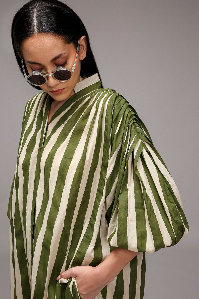 Egg-Shell Green Striped Baha Tunic cotton by Mati in white color for women in Singapore
