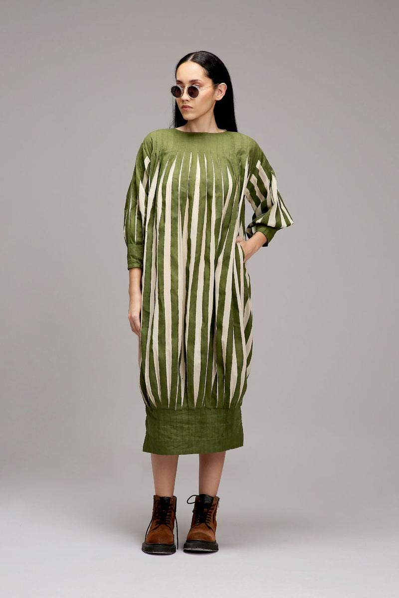 Egg-Shell Green Striped Balloon Dress cotton by Mati in white color for women in Singapore