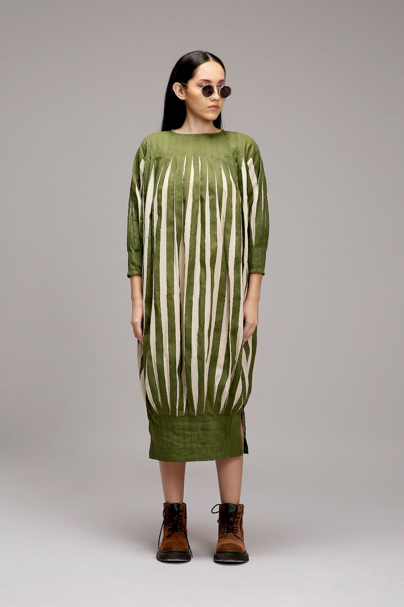 Egg-Shell Green Striped Balloon Dress cotton by Mati in white color for women in Singapore