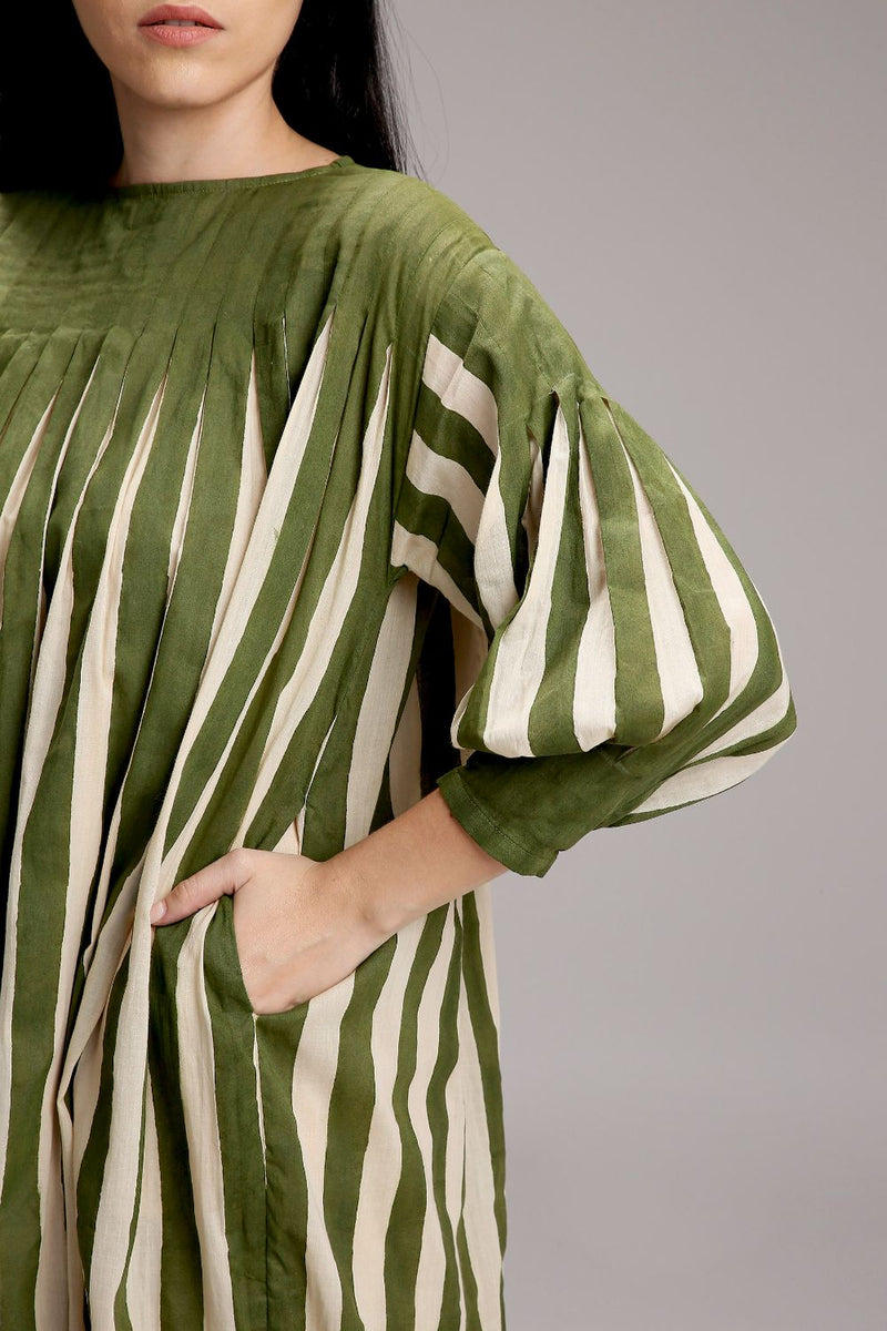 Egg-Shell Green Striped Balloon Dress cotton by Mati in white color for women in Singapore