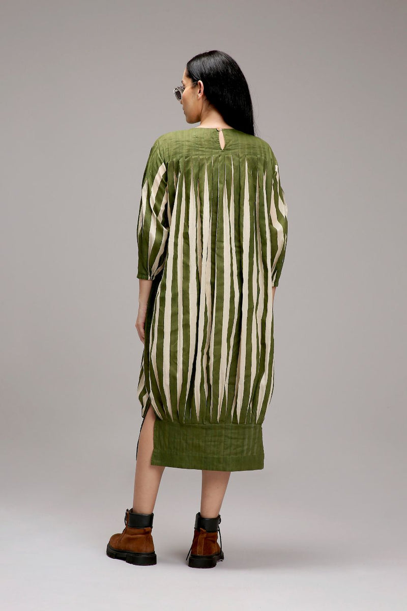 Egg-Shell Green Striped Balloon Dress cotton by Mati in white color for women in Singapore