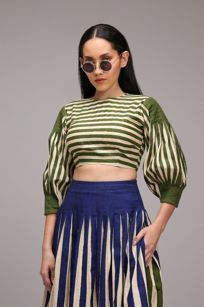 Egg-Shell Green Striped Crop Top cotton by Mati in white color for women in Singapore