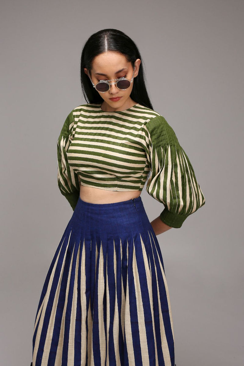 Egg-Shell Green Striped Crop Top cotton by Mati in white color for women in Singapore