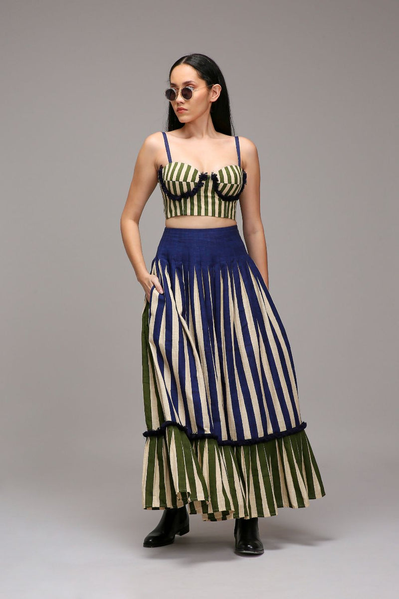 Egg-Shell Green Fringed Striped Corset cotton by Mati in white color for women in Singapore