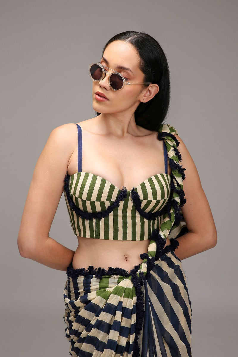 Egg-Shell Green Fringed Striped Corset cotton by Mati in white color for women in Singapore