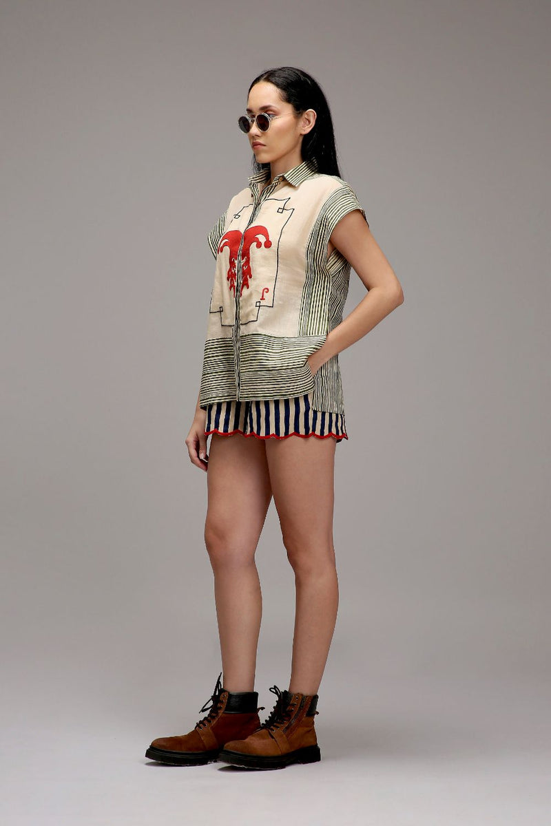 Egg-Shell Green Striped Red Joker Shirt cotton by Mati in white color for women in Singapore