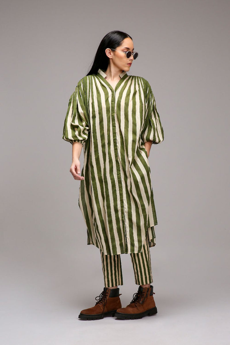 Egg-Shell Green Striped SE Pant cotton by Mati in white color for women in Singapore