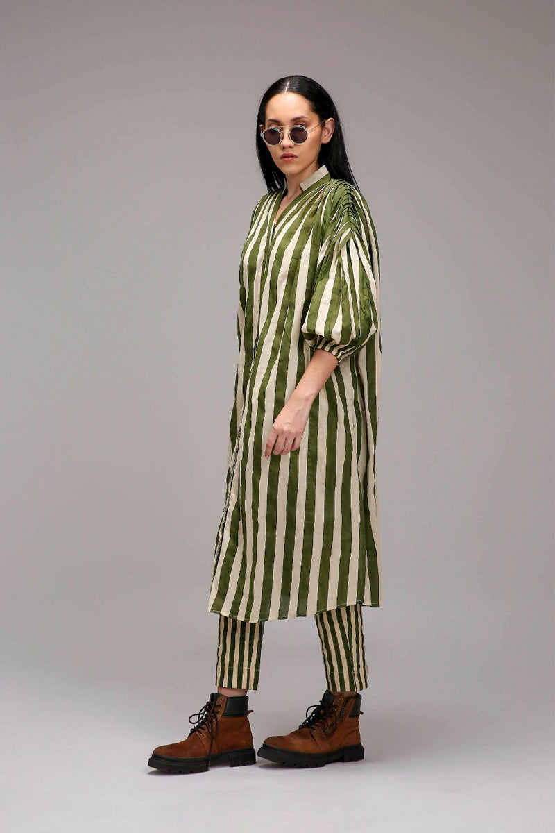 Egg-Shell Green Striped SE Pant cotton by Mati in white color for women in Singapore