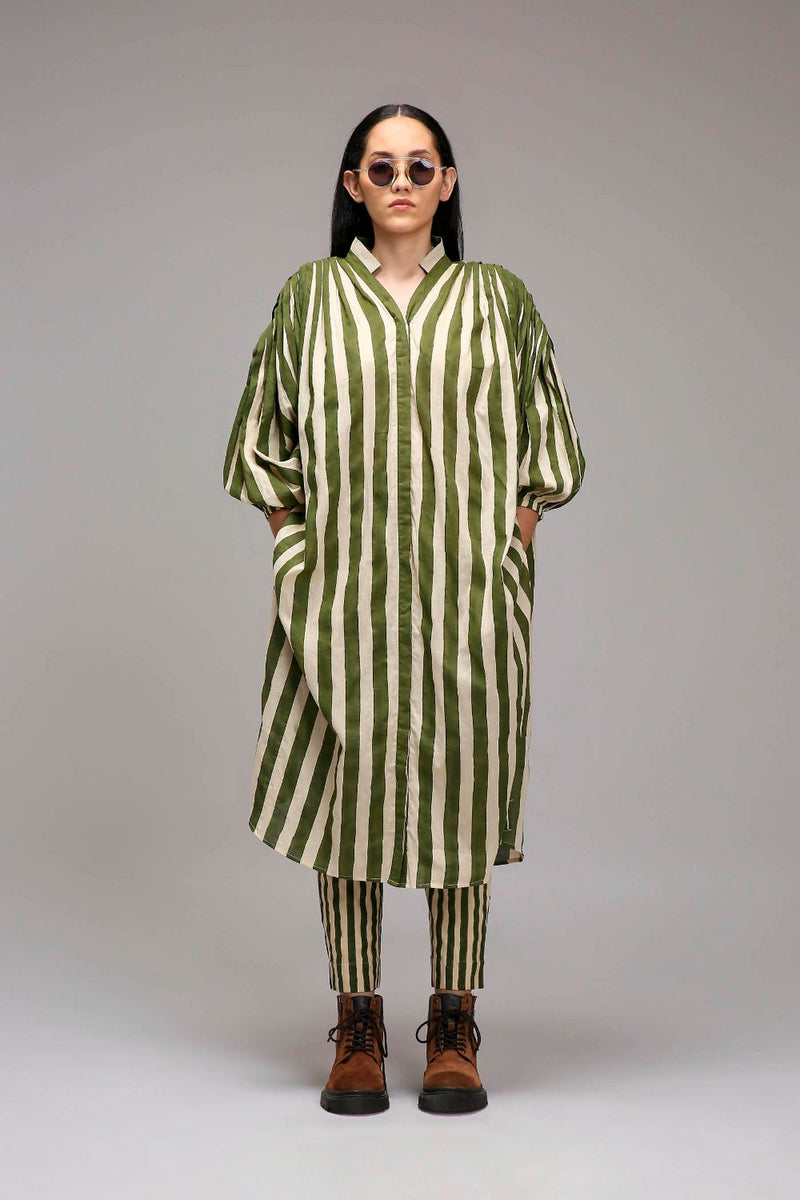 Egg-Shell Green Striped SE Pant cotton by Mati in white color for women in Singapore