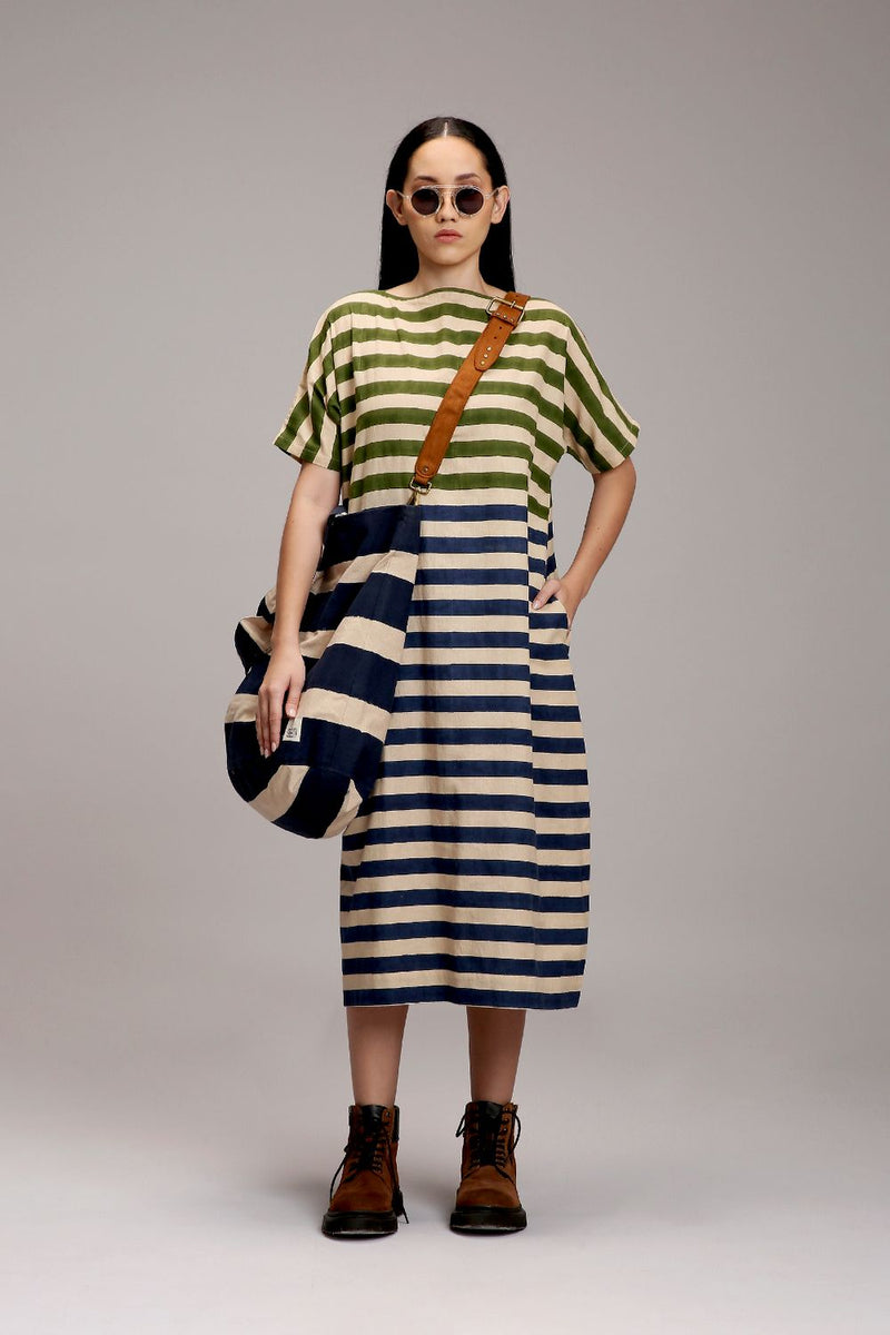Egg-Shell Green & Blue Dual Striped Dress cotton by Mati in white color for women in Singapore