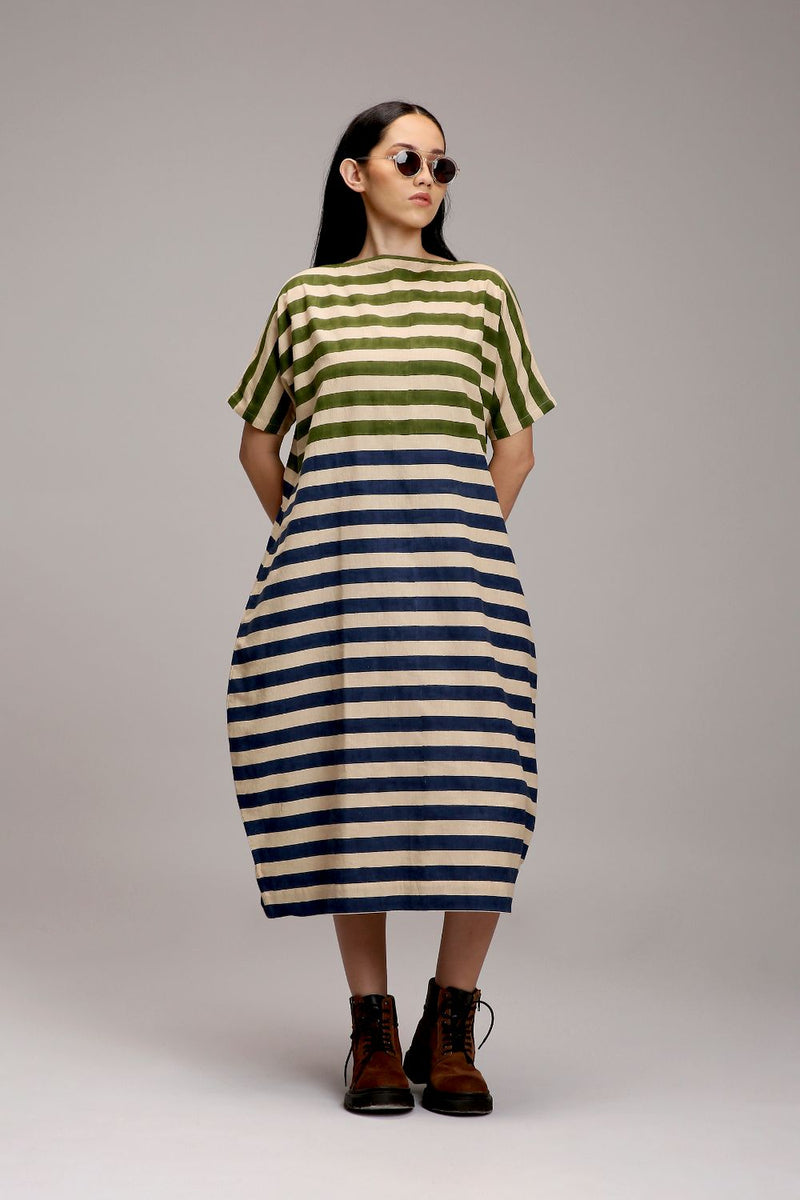 Egg-Shell Green & Blue Dual Striped Dress cotton by Mati in white color for women in Singapore