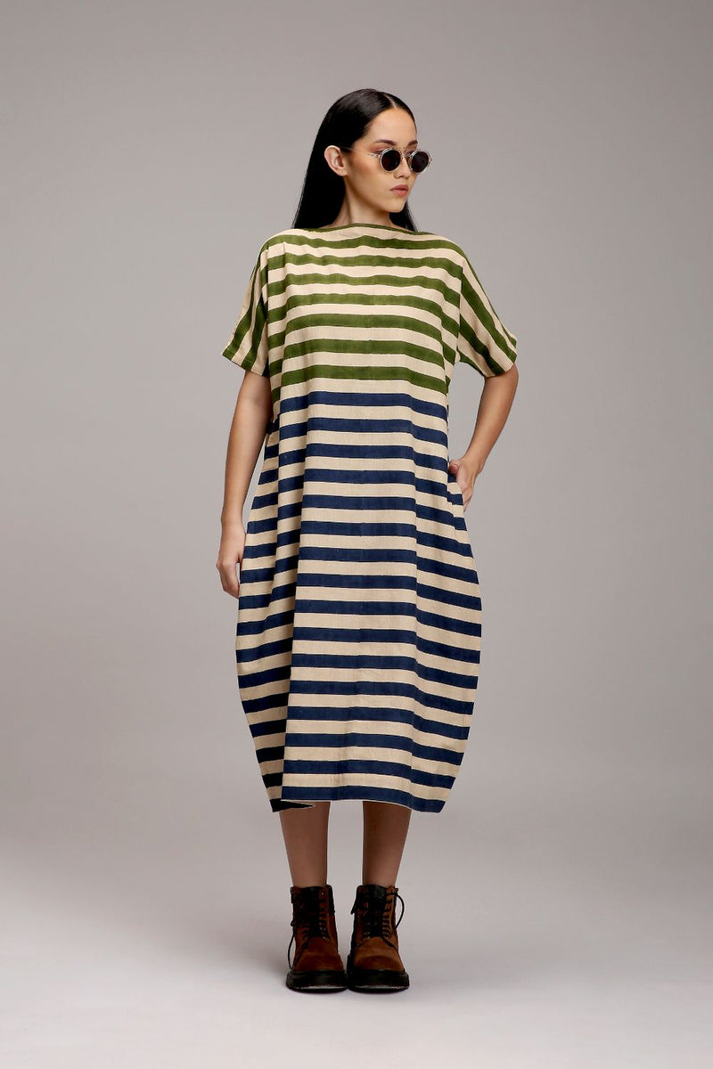 Egg-Shell Green & Blue Dual Striped Dress cotton by Mati in white color for women in Singapore