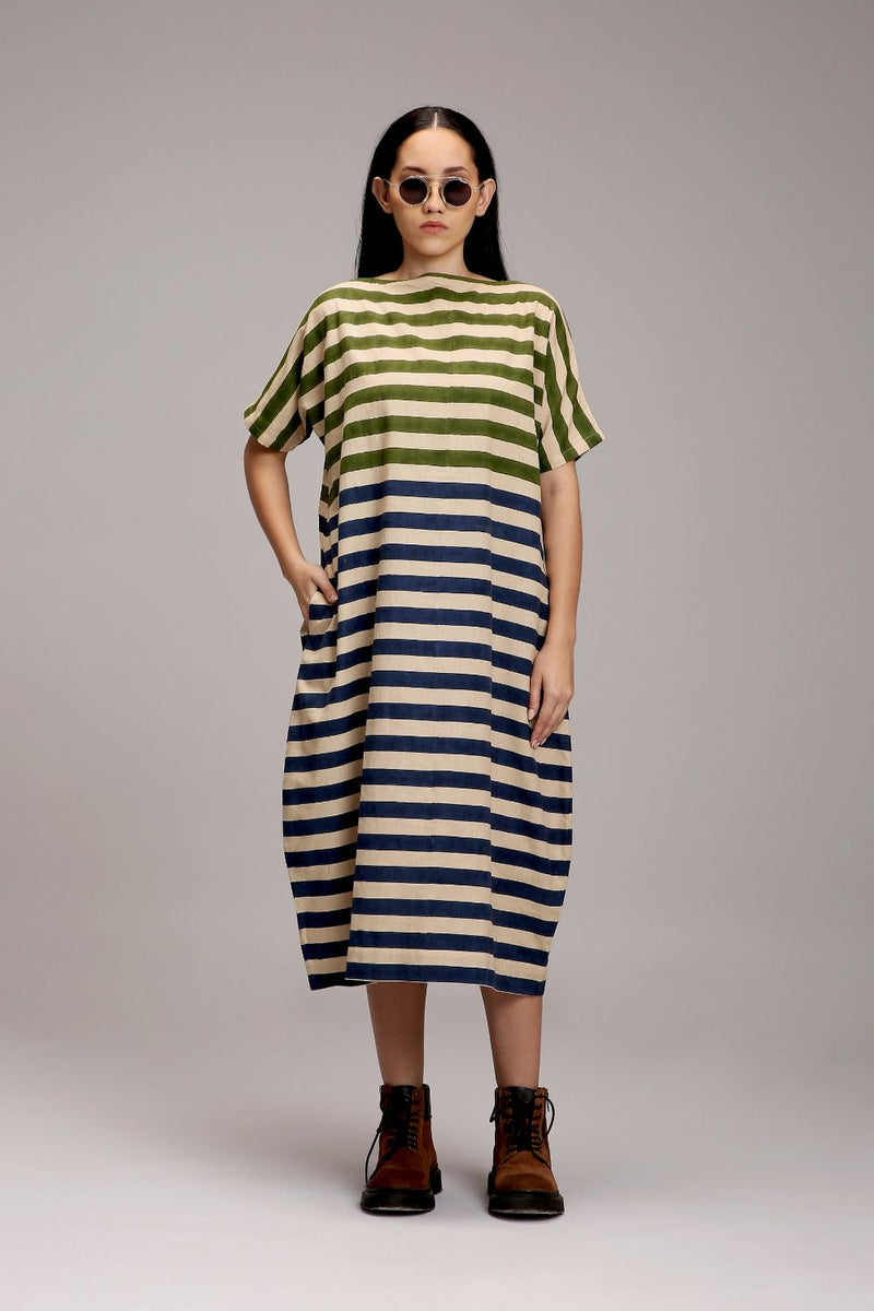 Egg-Shell Green & Blue Dual Striped Dress cotton by Mati in white color for women in Singapore