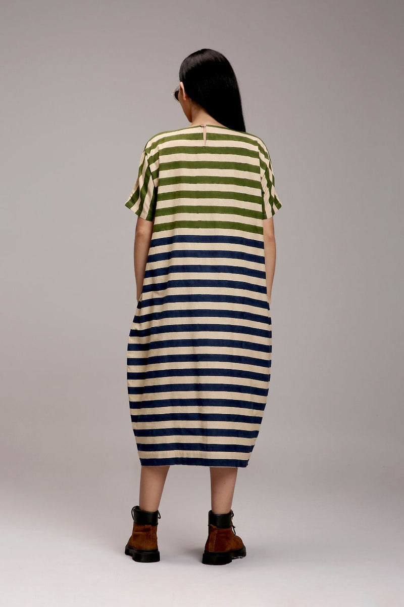 Egg-Shell Green & Blue Dual Striped Dress cotton by Mati in white color for women in Singapore