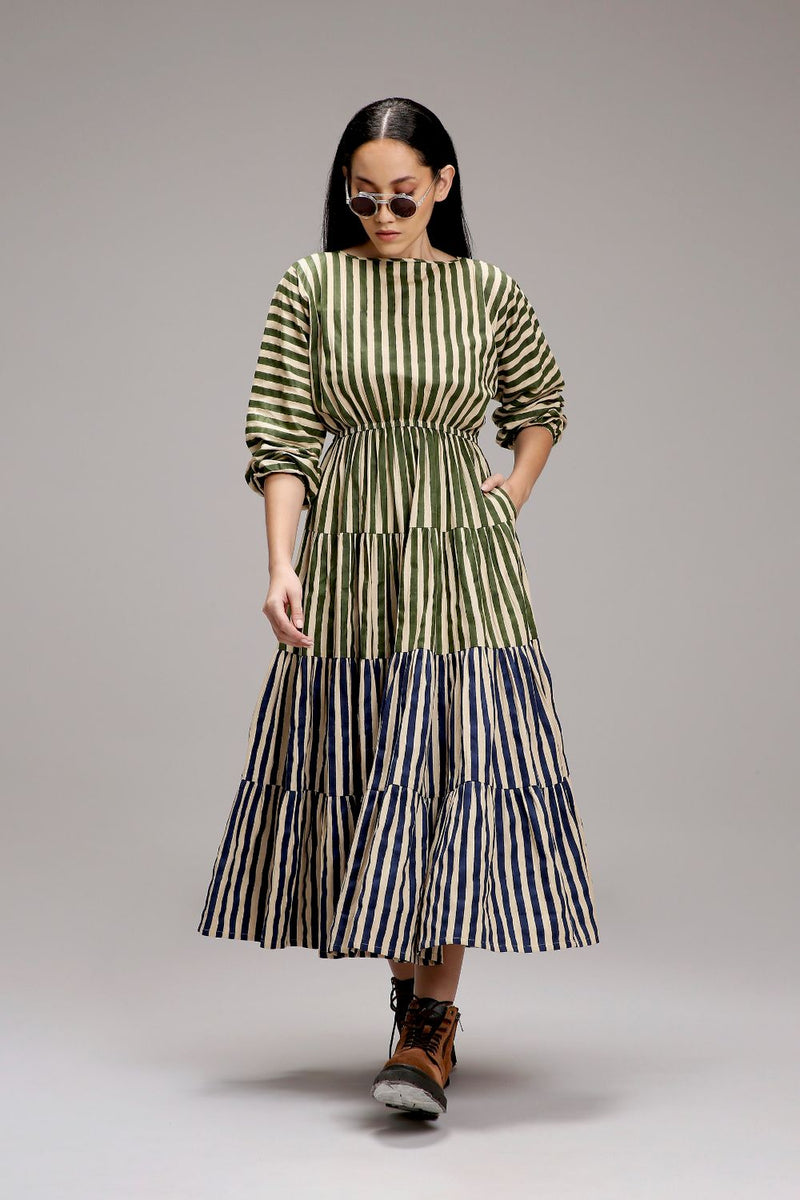 Egg-Shell Green & Blue Striped Tiered Dress cotton by Mati in white color for women in Singapore