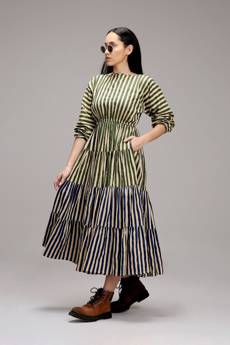 Egg-Shell Green & Blue Striped Tiered Dress cotton by Mati in white color for women in Singapore