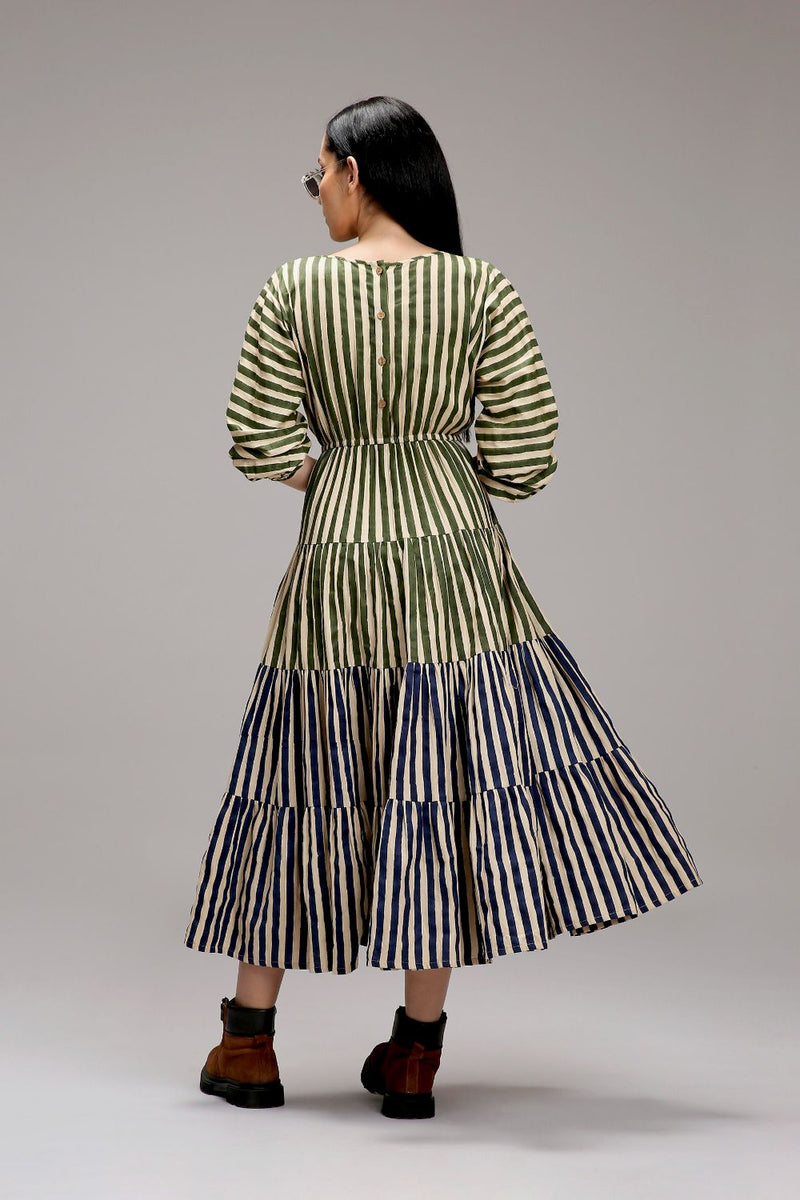 Egg-Shell Green & Blue Striped Tiered Dress cotton by Mati in white color for women in Singapore