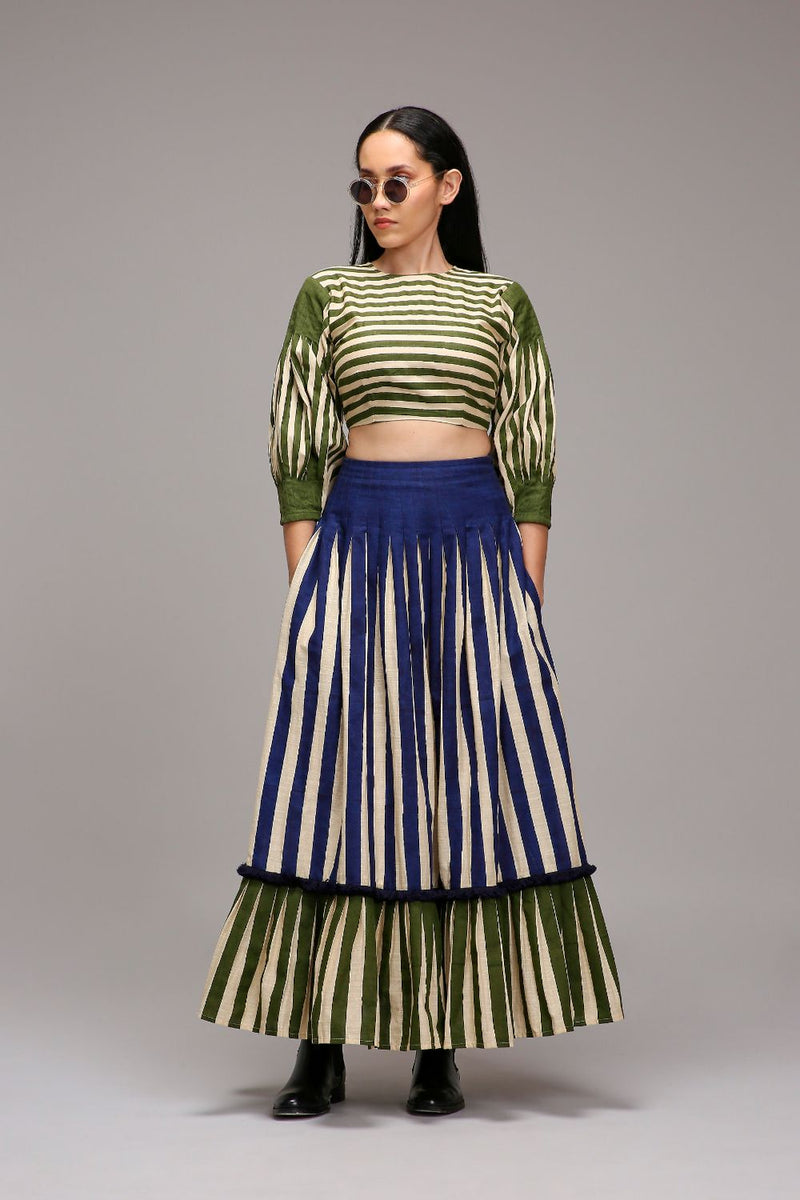 Egg-Shell Striped Crop Top & Skirt Set (2 PCS) cotton by Mati in white color for women in Singapore
