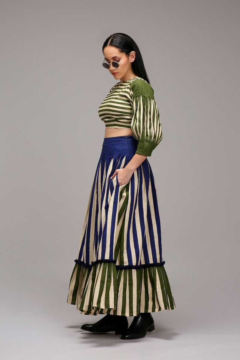 Egg-Shell Striped Crop Top & Skirt Set (2 PCS) cotton by Mati in white color for women in Singapore