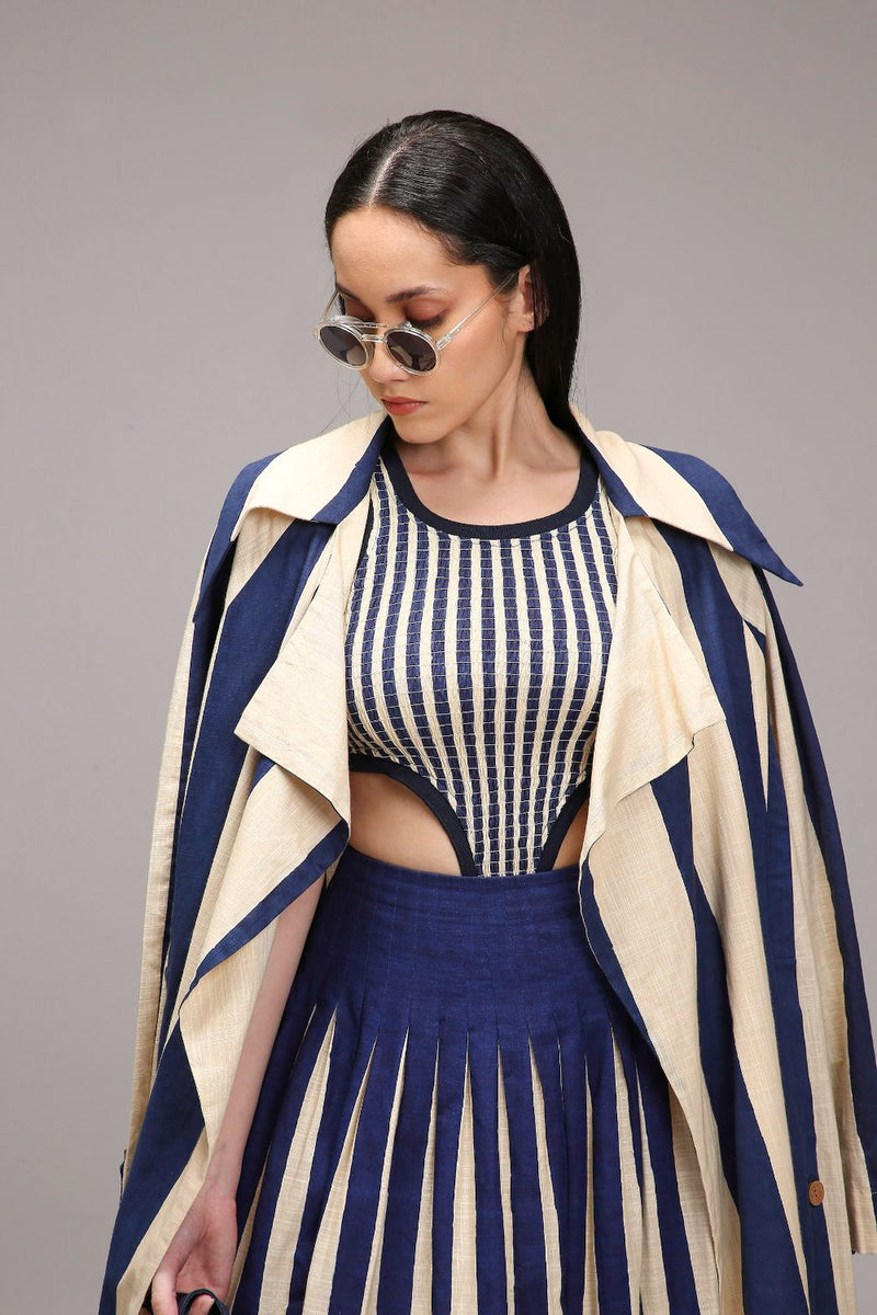 Egg-Shell Trench Bodysuit Dual Striped Skirt Set (3 PCS) cotton by Mati in white color for women in Singapore