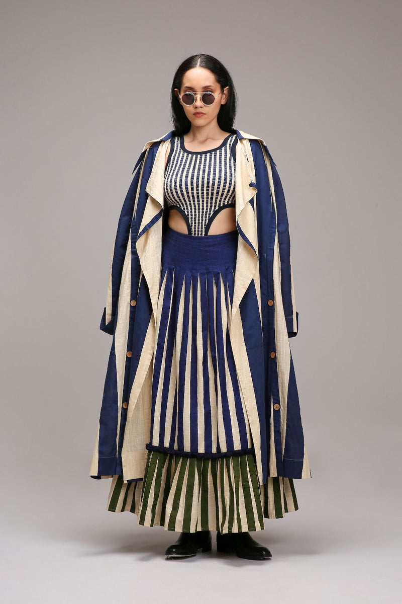 Egg-Shell Trench Bodysuit Dual Striped Skirt Set (3 PCS) cotton by Mati in white color for women in Singapore