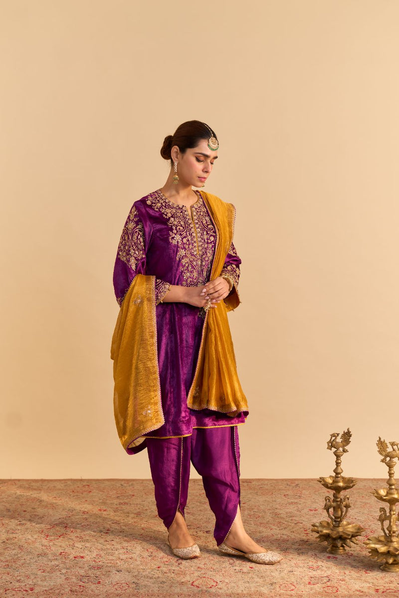 Eira - Deep Purple A-line Kurta with Dhoti with Dupatta by SHEETAL BATRA for women in Singapore