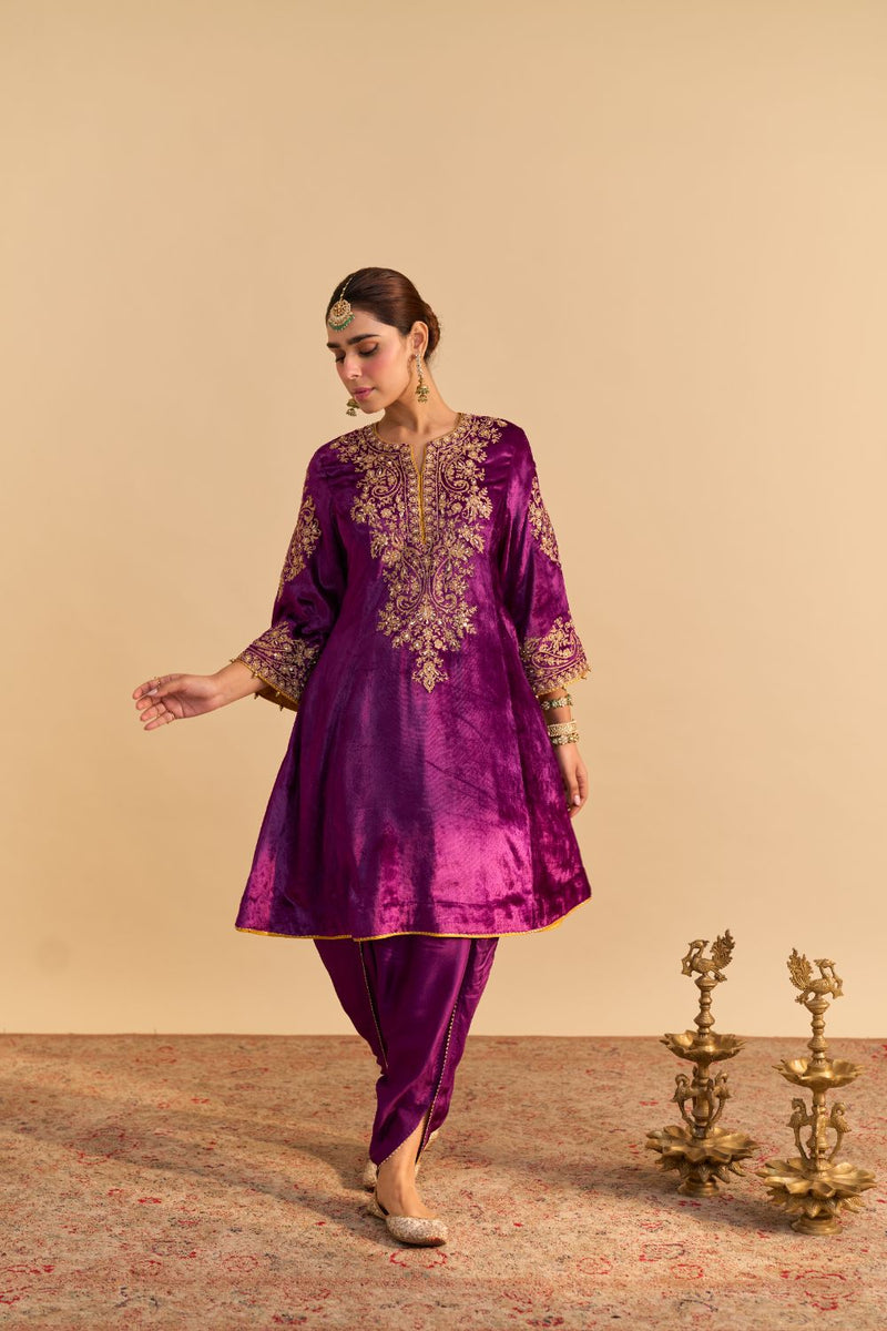 Eira - Deep Purple A-line Kurta with Dhoti with Dupatta by SHEETAL BATRA for women in Singapore