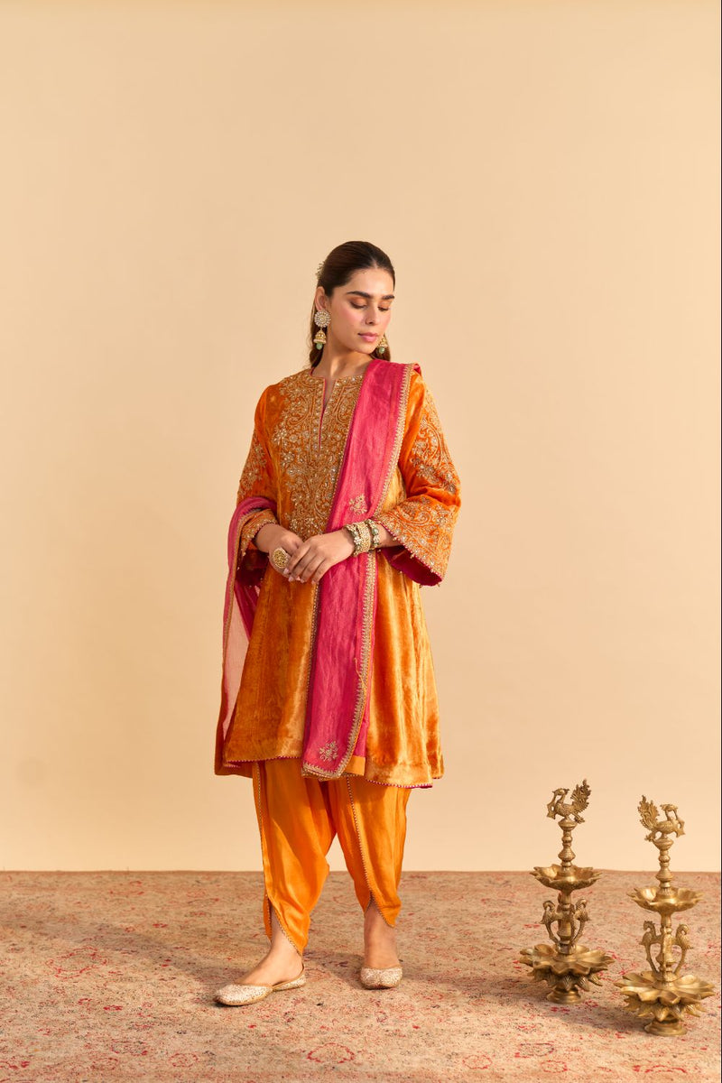 Eira - Orange A-line Kurta with Dhoti with Dupatta by SHEETAL BATRA for women in Singapore