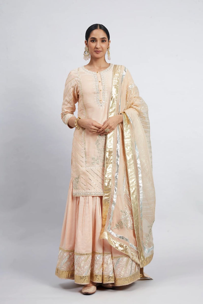 Eliza - Peach Chanderi Silk Kurta And Garara Set With Organza Dupatta silk by SHEETAL BATRA in peach color for women in Singapore