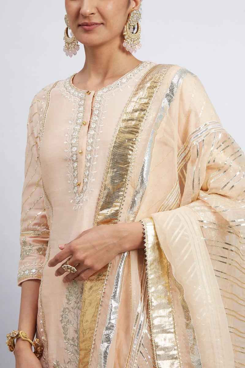 Eliza - Peach Chanderi Silk Kurta And Garara Set With Organza Dupatta silk by SHEETAL BATRA in peach color for women in Singapore