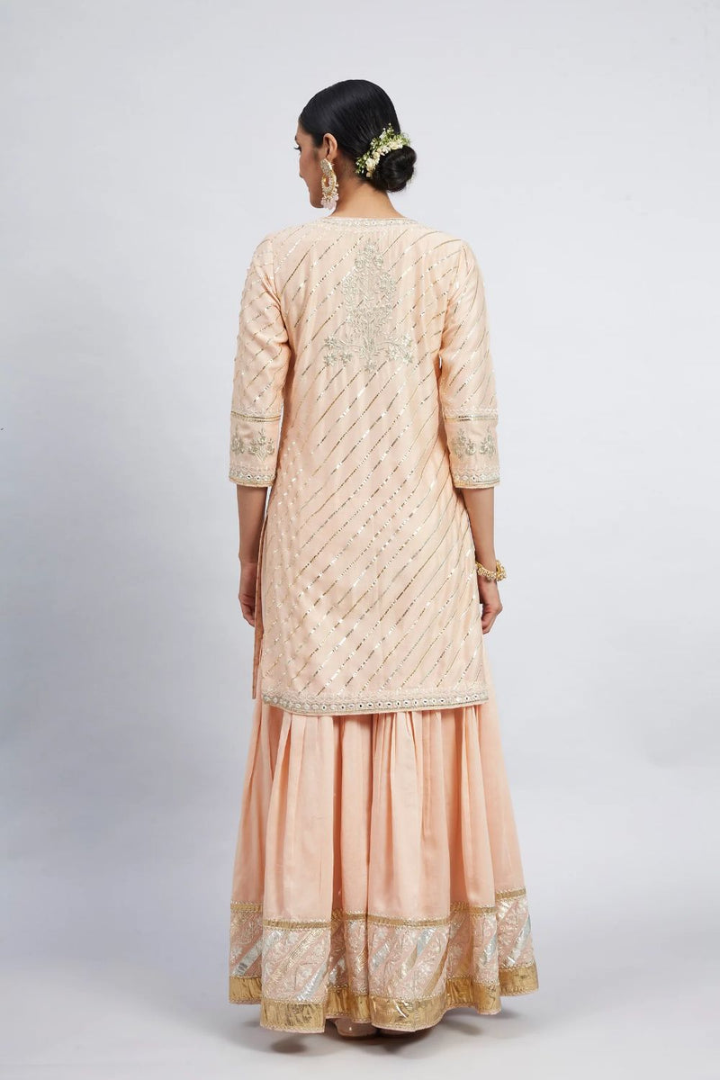 Eliza - Peach Chanderi Silk Kurta And Garara Set With Organza Dupatta silk by SHEETAL BATRA in peach color for women in Singapore