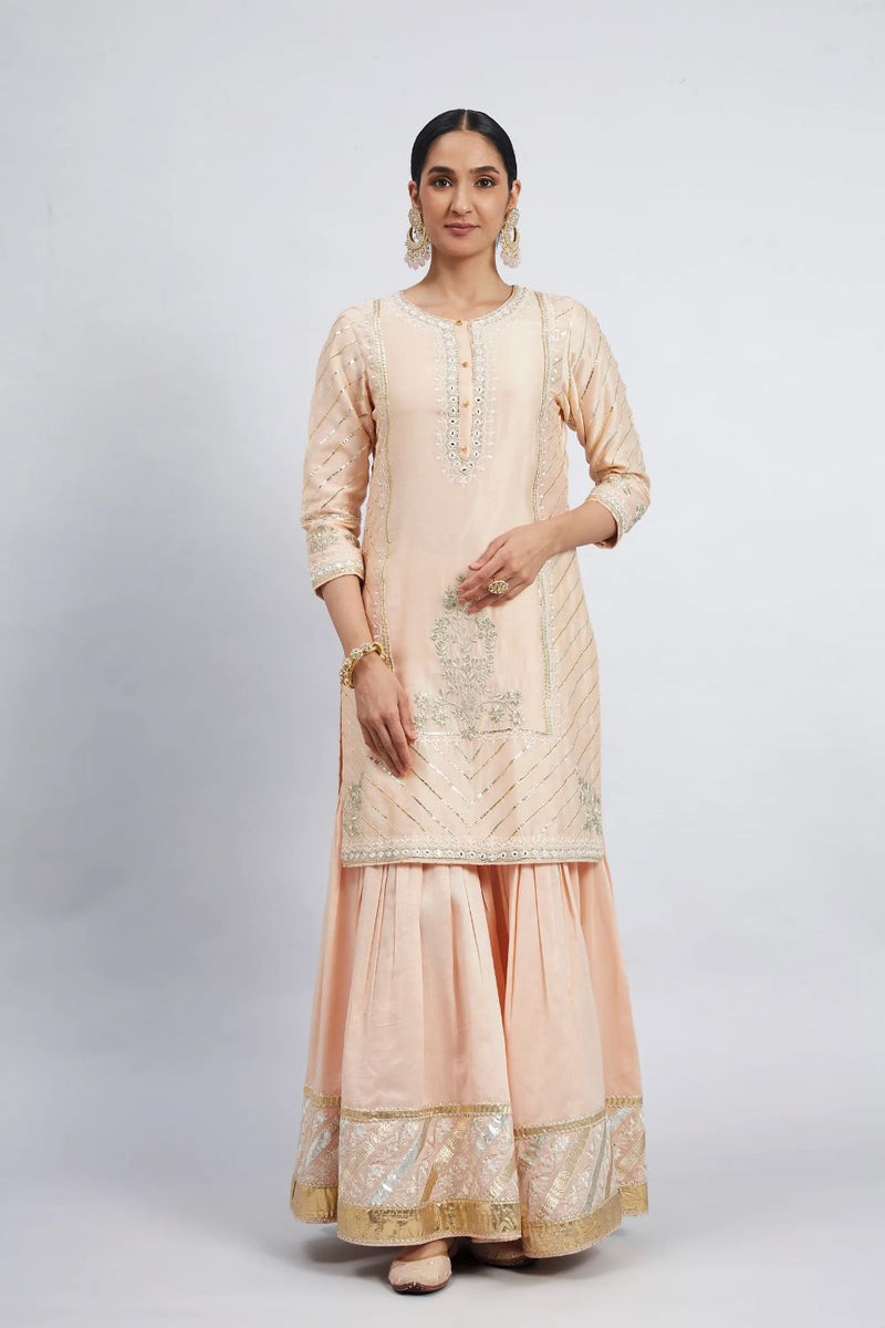 Eliza - Peach Chanderi Silk Kurta And Garara Set With Organza Dupatta silk by SHEETAL BATRA in peach color for women in Singapore