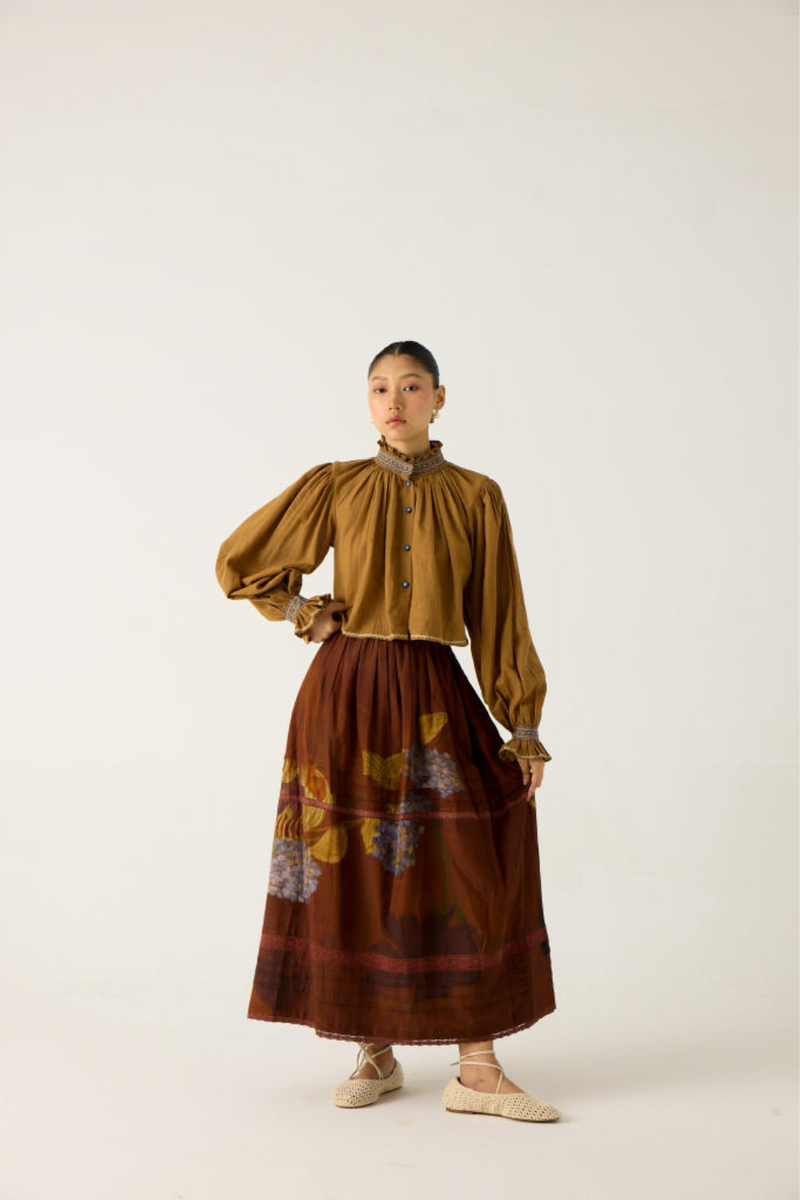 ELSA SET-KHAKI + FOLIAGE(ELSA TOP+EMILY SKIRT) cotton by CORD in multi for women in Singapore