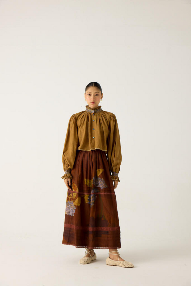 ELSA TOP -(KHAKI-BLUE) cotton by CORD in multi for women in Singapore