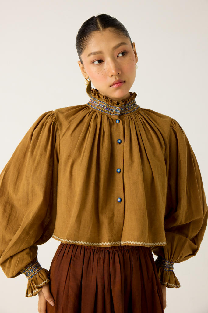 ELSA TOP -(KHAKI-BLUE) cotton by CORD in multi for women in Singapore