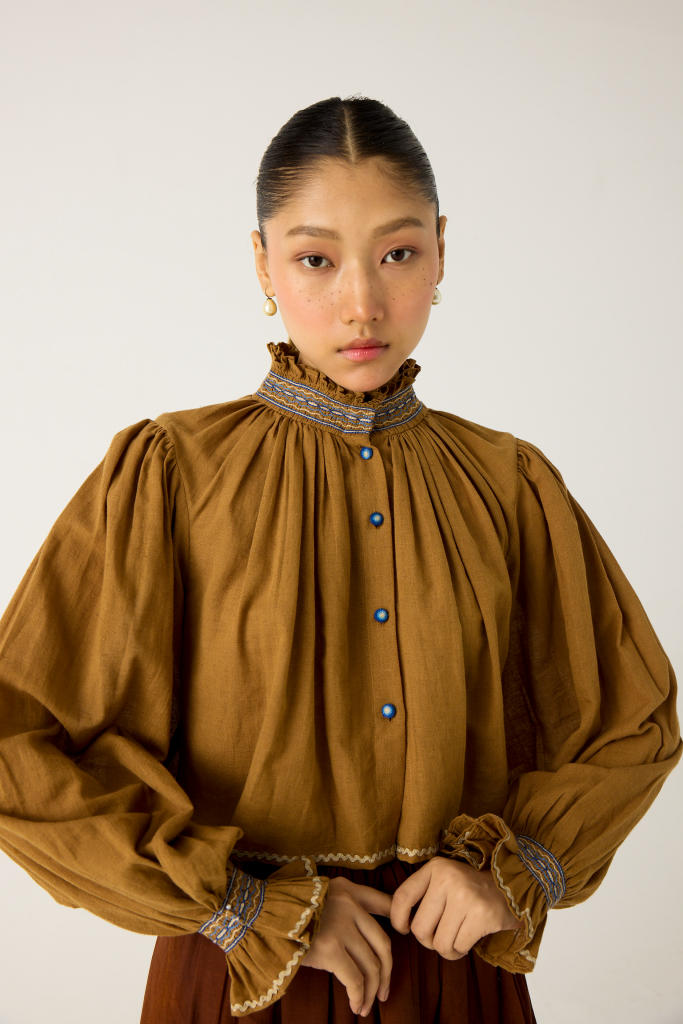 ELSA TOP -(KHAKI-BLUE) cotton by CORD in multi for women in Singapore