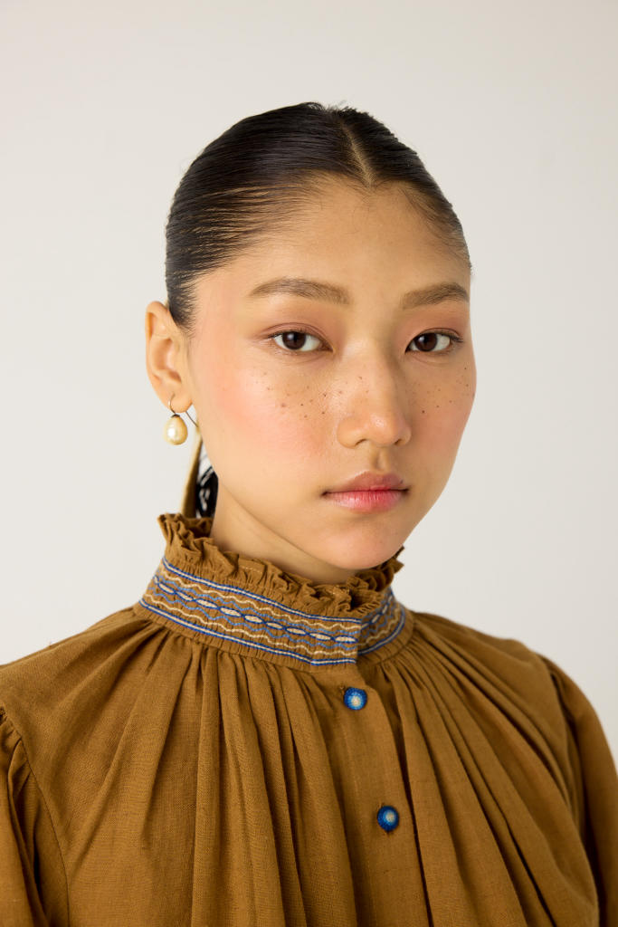 ELSA TOP -(KHAKI-BLUE) cotton by CORD in multi for women in Singapore
