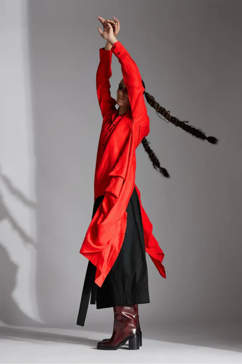 Elva Shirt-Red linen by Chola in red color for women in Singapore