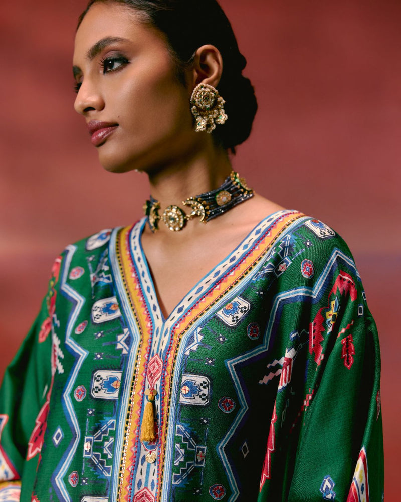 Emerald Aztec Kaftan Set Buy Emerald Aztec Kaftan Set from C&W | Co-Ord Sets for Women by Label Mogra in green color for women in Singapore