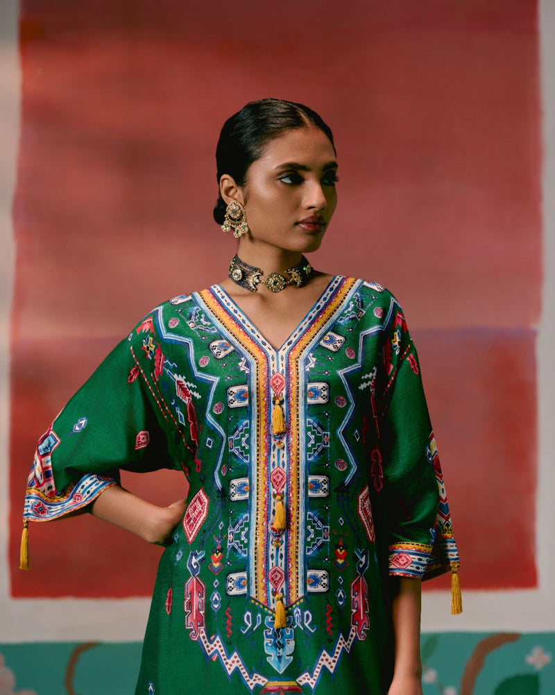 Emerald Aztec Kaftan Set Buy Emerald Aztec Kaftan Set from C&W | Co-Ord Sets for Women by Label Mogra in green color for women in Singapore