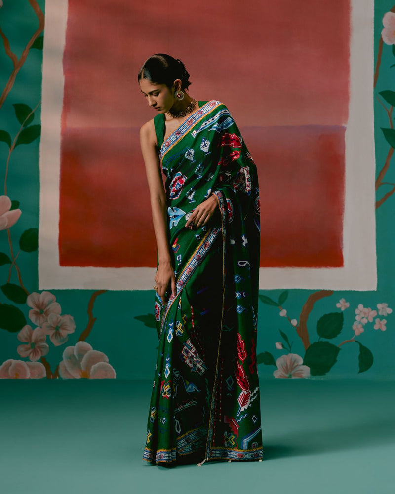 Emerald Aztec Saree Buy Emerald Aztec Saree from C&W | Saree for Women by Label Mogra in green color for women in Singapore