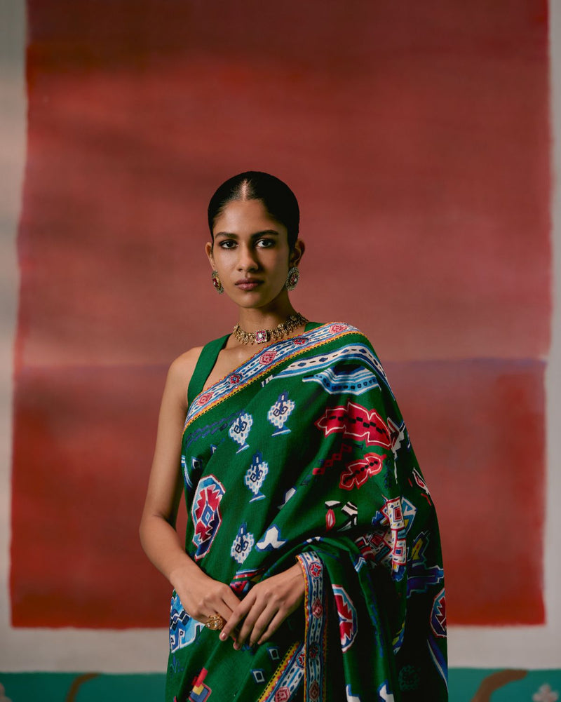Emerald Aztec Saree Buy Emerald Aztec Saree from C&W | Saree for Women by Label Mogra in green color for women in Singapore