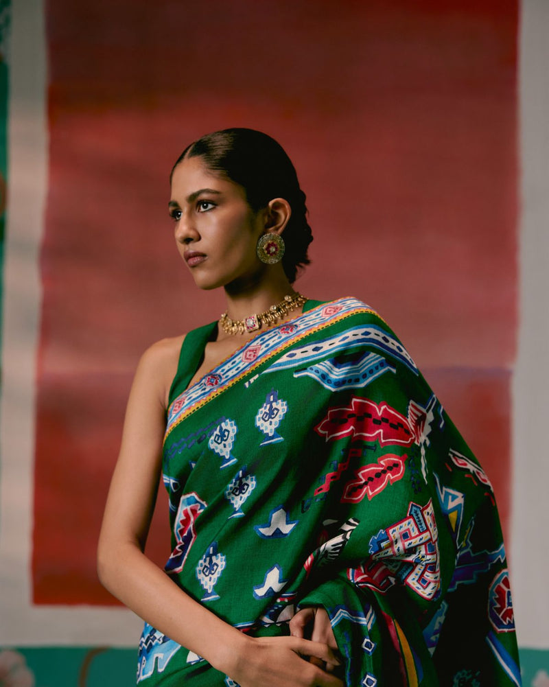 Emerald Aztec Saree Buy Emerald Aztec Saree from C&W | Saree for Women by Label Mogra in green color for women in Singapore