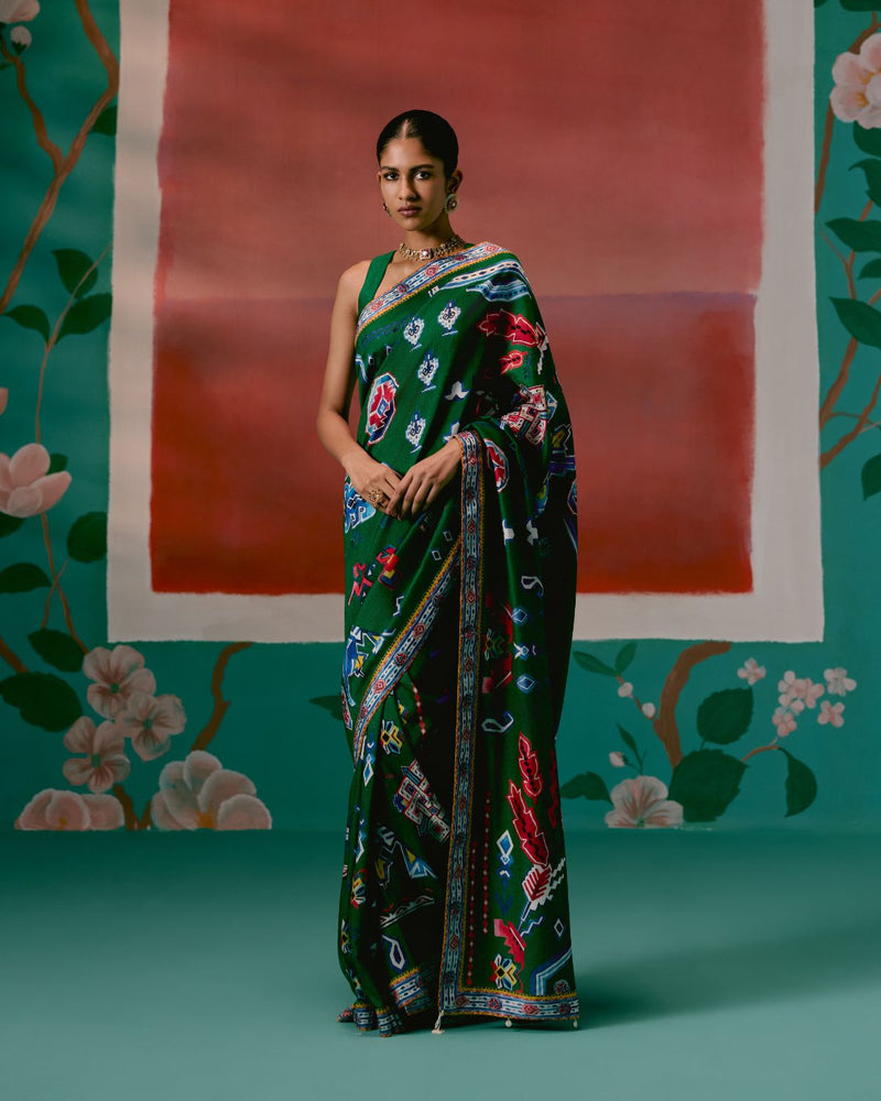 Emerald Aztec Saree Buy Emerald Aztec Saree from C&W | Saree for Women by Label Mogra in green color for women in Singapore
