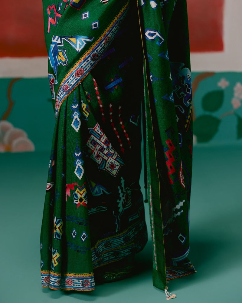 Emerald Aztec Saree Buy Emerald Aztec Saree from C&W | Saree for Women by Label Mogra in green color for women in Singapore