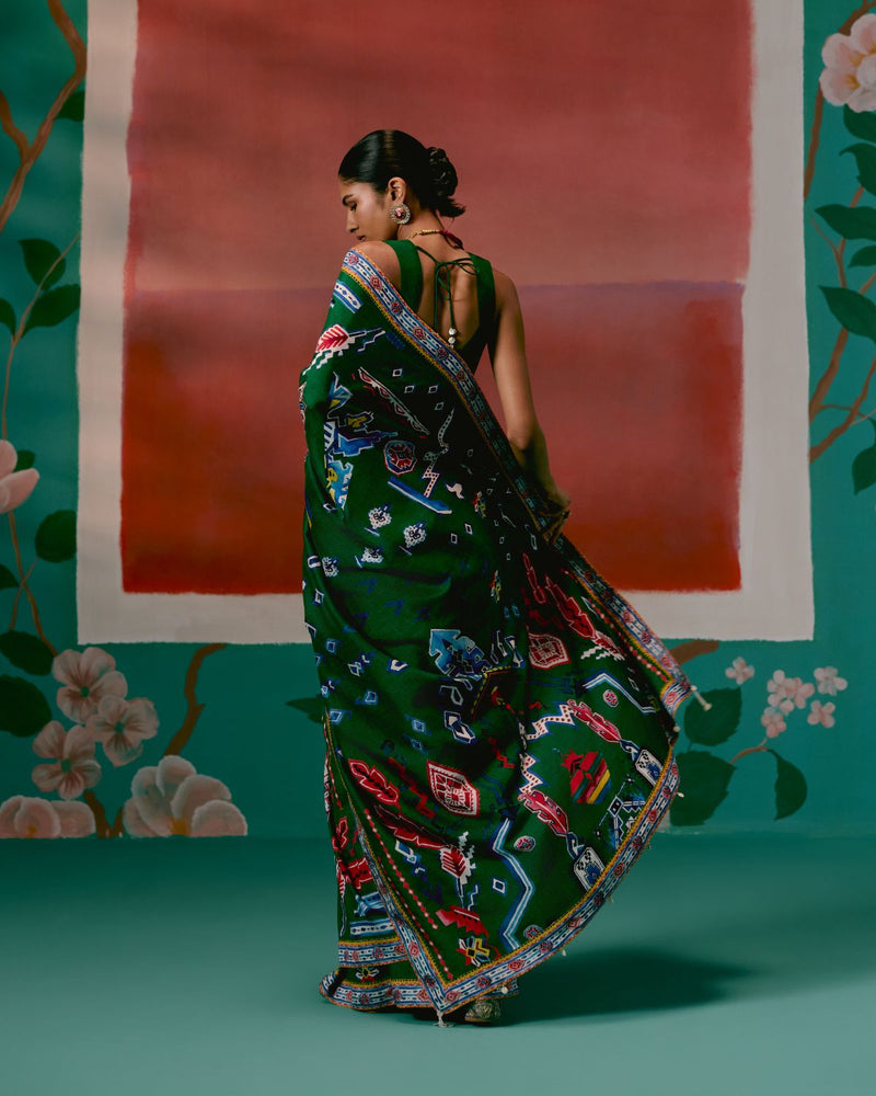 Emerald Aztec Saree Buy Emerald Aztec Saree from C&W | Saree for Women by Label Mogra in green color for women in Singapore