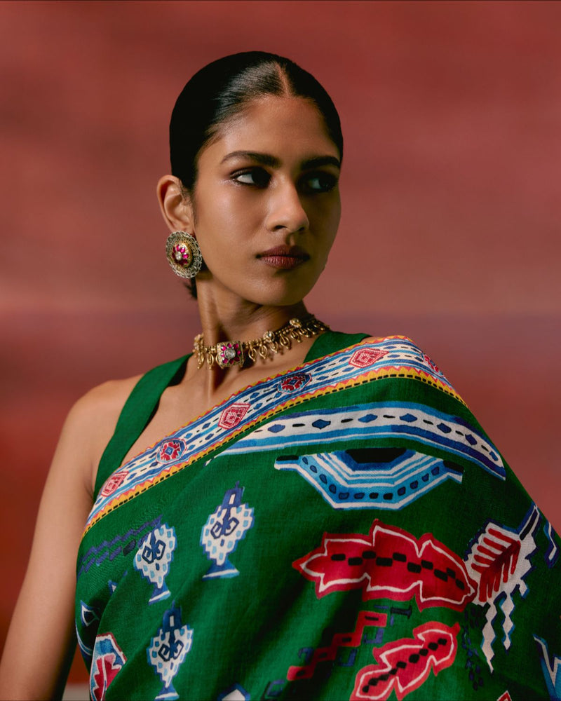 Emerald Aztec Saree Buy Emerald Aztec Saree from C&W | Saree for Women by Label Mogra in green color for women in Singapore